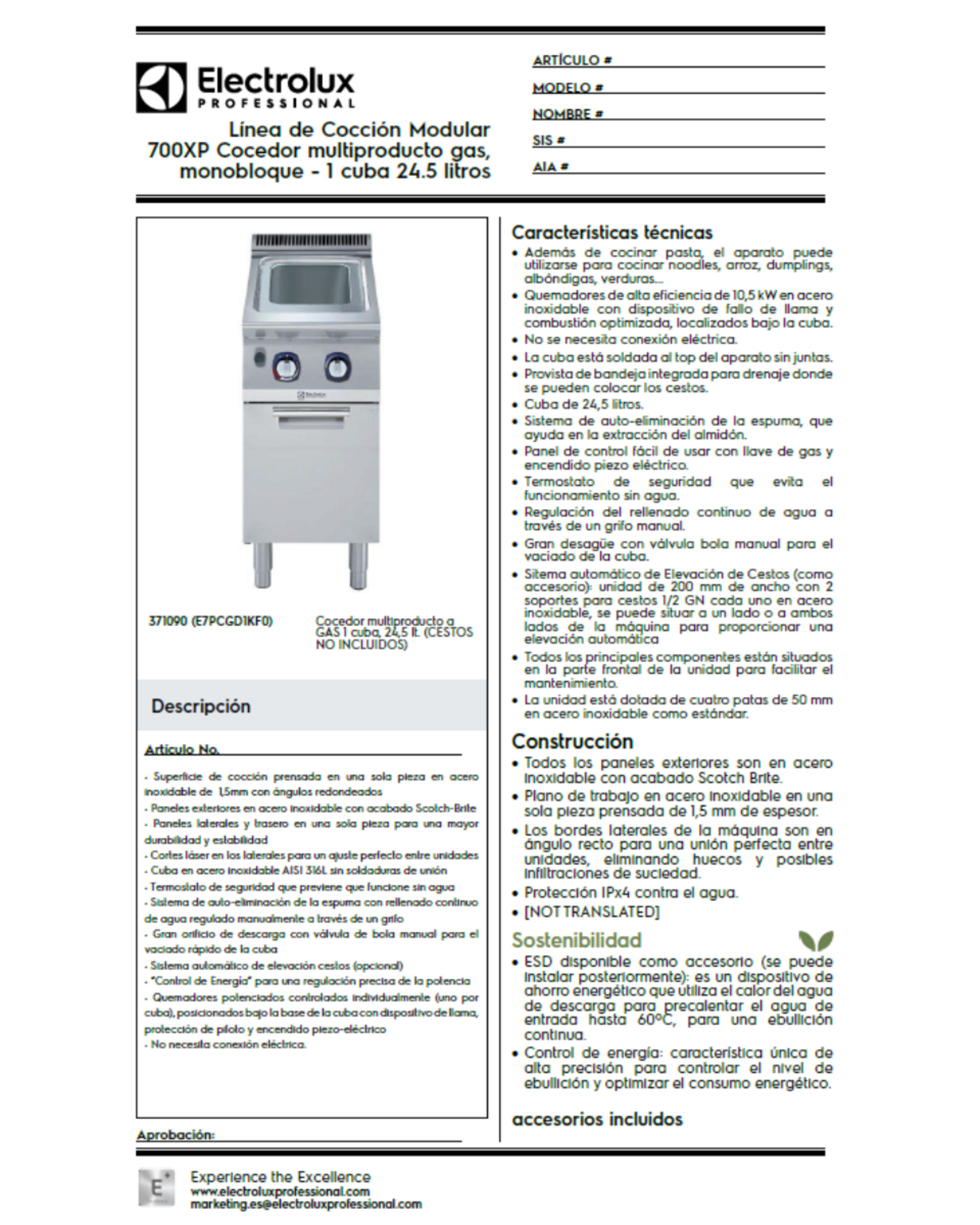 Cocedor de pasta a gas 24,5 litros Electrolux E7PCGD1KF0 (código: 371090) - 2